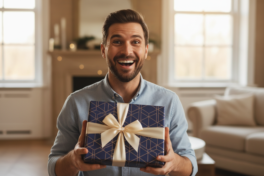 Priecīgs vīrietis saņemot oriģinālu dāvanu
