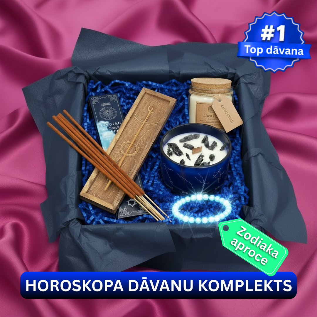Gatavs pasniegšanai dāvanu komplekts horosokopa (zodiaka) zīmei ar zodiaka aproci, horoskopa sveci, zodiaka vīraku, vīraka turētaju un aromātisko sveci