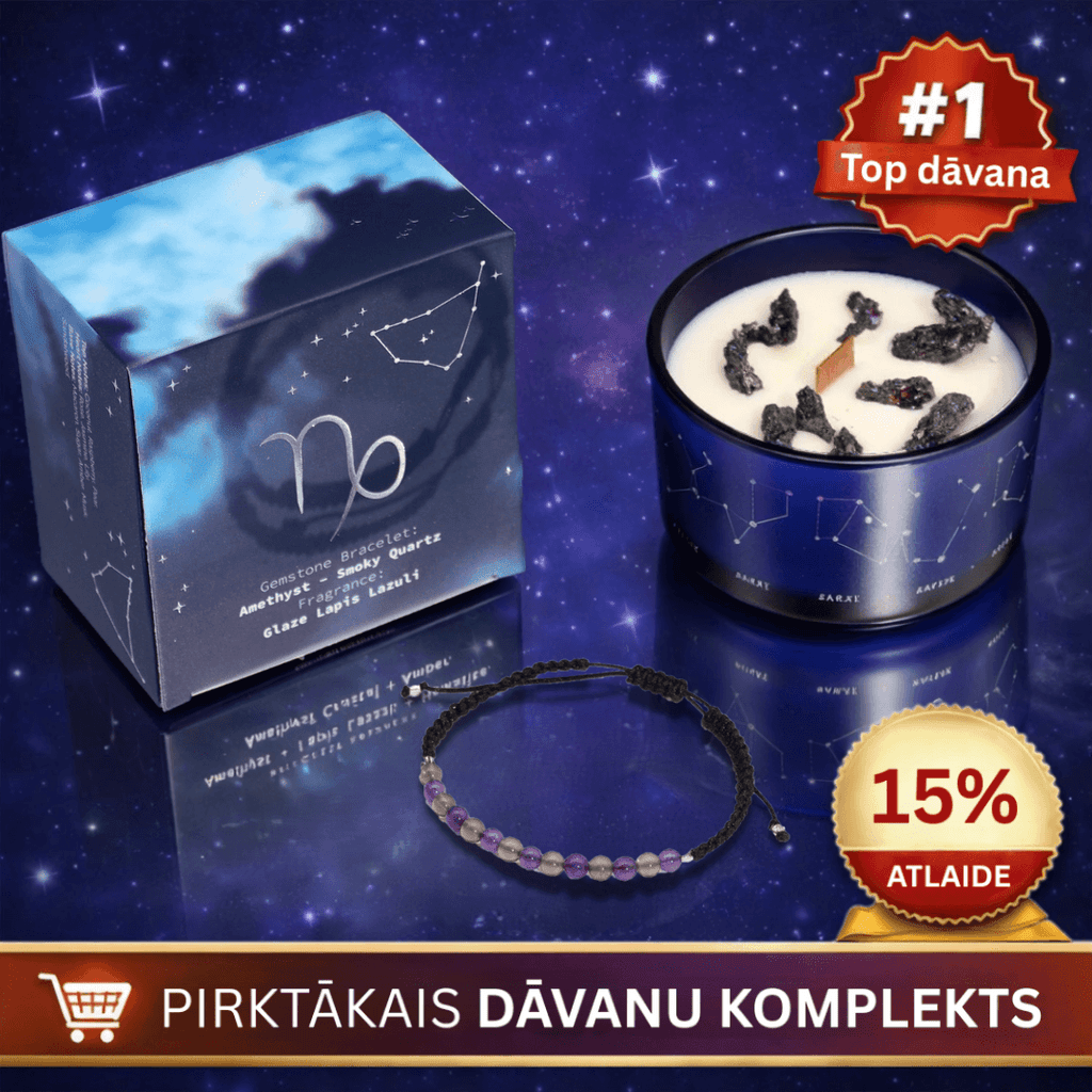 Mežāzis (Capricorn) - horoskopa (zodiaka) zīmes sojas vaska svece ar dārgakmeņiem un rokassprādzi pirktākais dāvanu komplekts