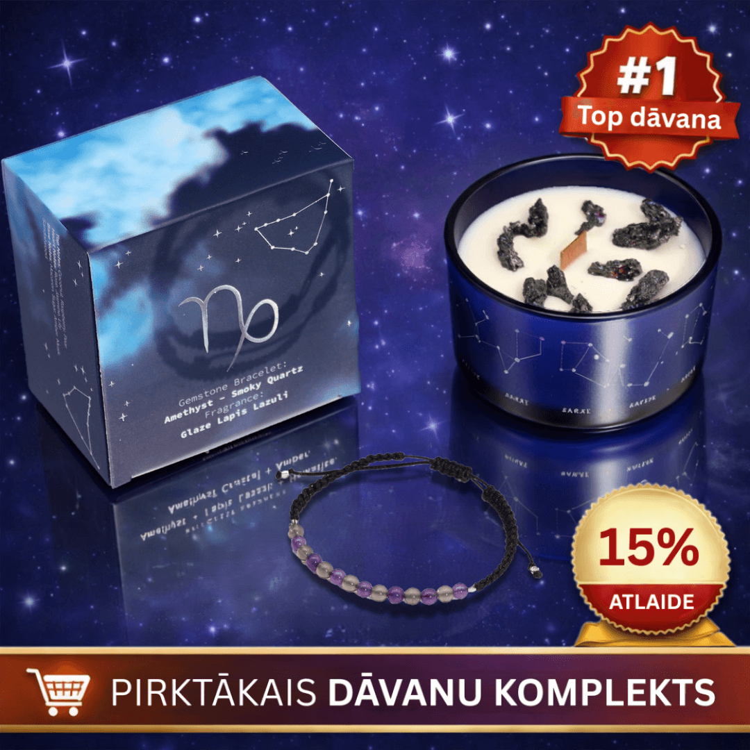 Mežāzis (Capricorn) - horoskopa (zodiaka) zīmes sojas vaska svece ar dārgakmeņiem un rokassprādzi pirktākais dāvanu komplekts